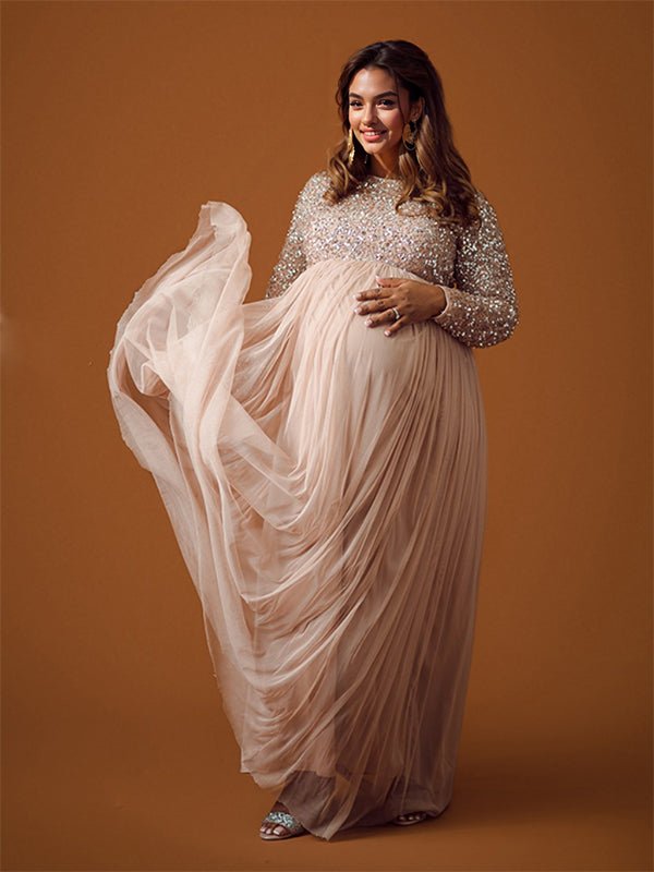 Momyknows Sequin Tulle Splicing Long Sleeve Party Gown Photoshoot Maternity Baby Shower Maxi Dress, champion / M
