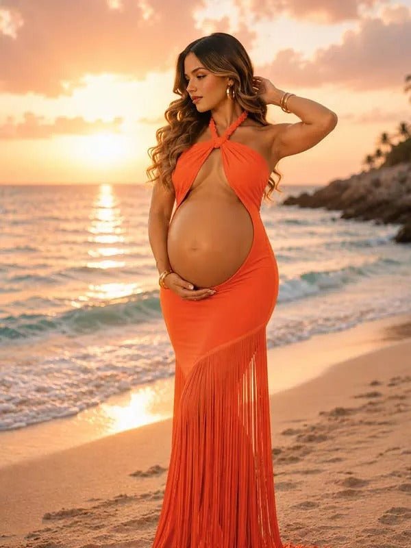 Momyknows Orange Tassel Halter Neck Bandeau Midriff Ruffle Maternity Photoshoot Maxi Dress - Orange - 3