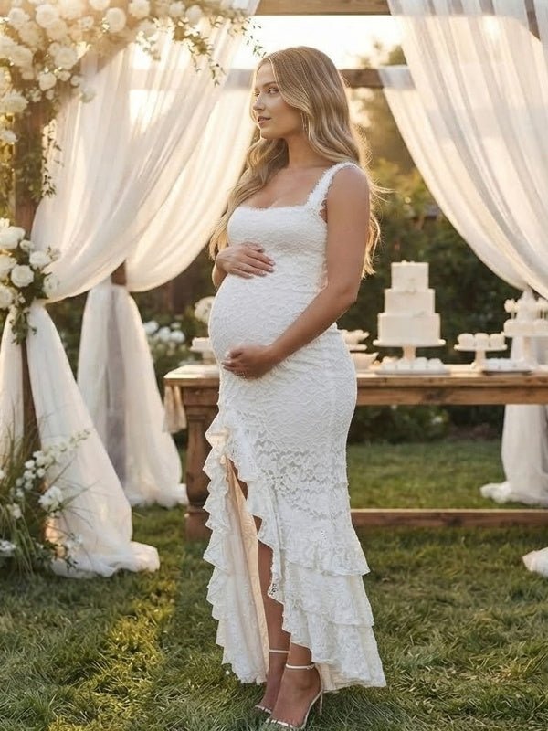 Momyknows White Spaghetti Strap Ruffle Lace Side Slit Backless Maternity Baby Shower Maxi Dress - White - 2