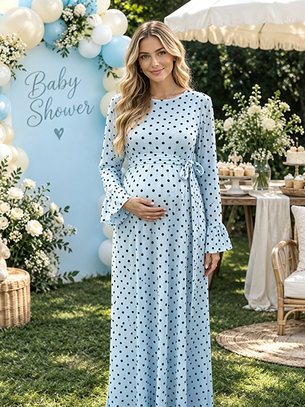 Blue Polka Dots Maternity Maxi Dress with Flare Sleeve Design and Flattering Silhouette, Baby Shower Style