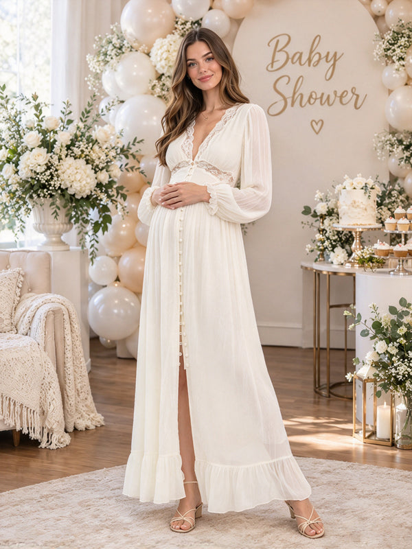 Ivory-White Maternity Maxi Dress with Lace Panels and Decorative Button Design
