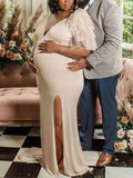 Momyknows Belly Friendly Side Slit Mesh V-neck Evening Babyshower Maternity Maxi Dress