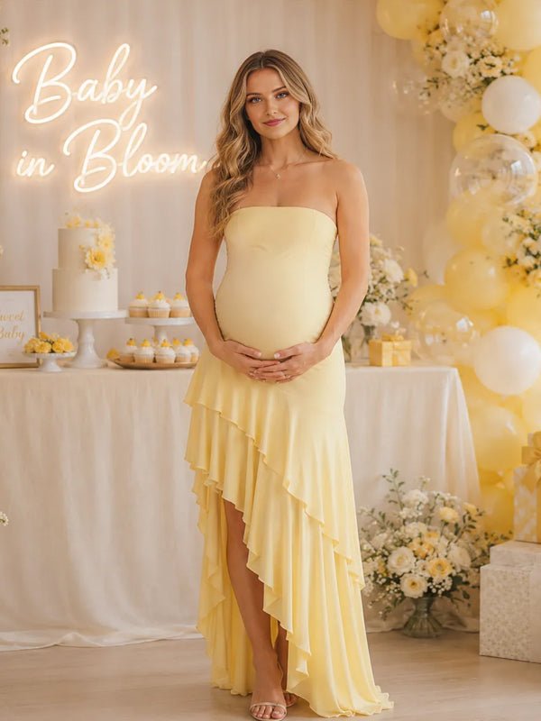 Momyknows Ruffle Side Slit Trumpet Big Swing Maternity Baby Shower Maxi Dress - Yellow - 4