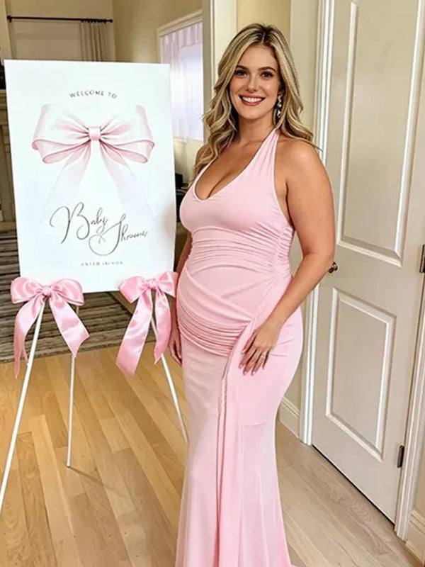 Momyknows Pink Ruched Belt Maternity Baby Shower Maxi Dress