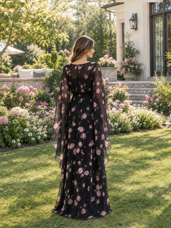Black Print Maternity Maxi Dress with Cape Overlay and Flowing Big Swing Fit