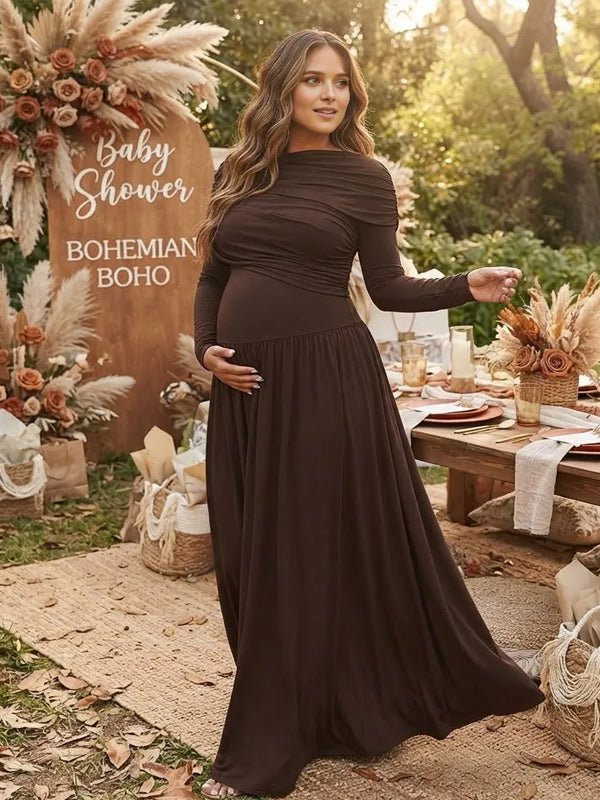 Momyknows Brown Cape Big Swing Ruched Maternity Baby Shower Maxi Dress - Brown - 2