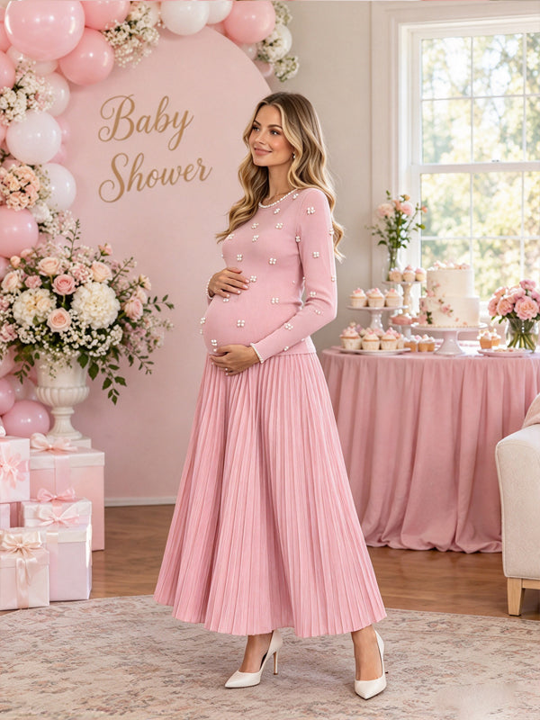 Pink Pleated Maternity Maxi Dress with Crochet Beading and Spliced Details
