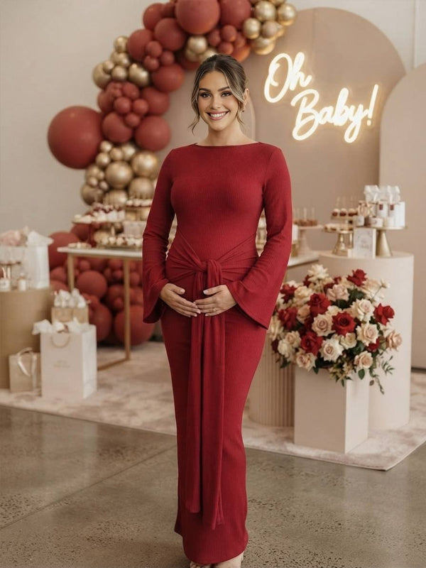 Red Maternity Maxi Dress with Lace-Up Details and Bell Sleeves and Flattering Fit, Baby Shower