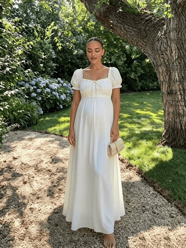 Momyknows Ruffle Ruched Lace-Up Big Swing Boho Western Maternity Maxi Dress - White - 2