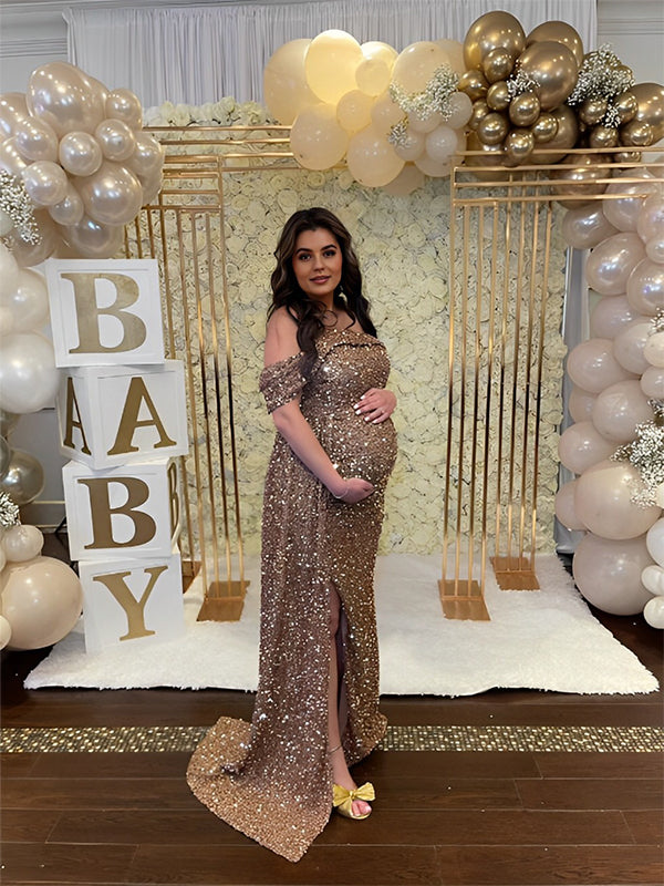 Momyknows Sparkly Sequin Off Shoulder Side Slit Draped Evening Gown Maternity Photoshoot Elegant Baby Shower Party Maxi Dress