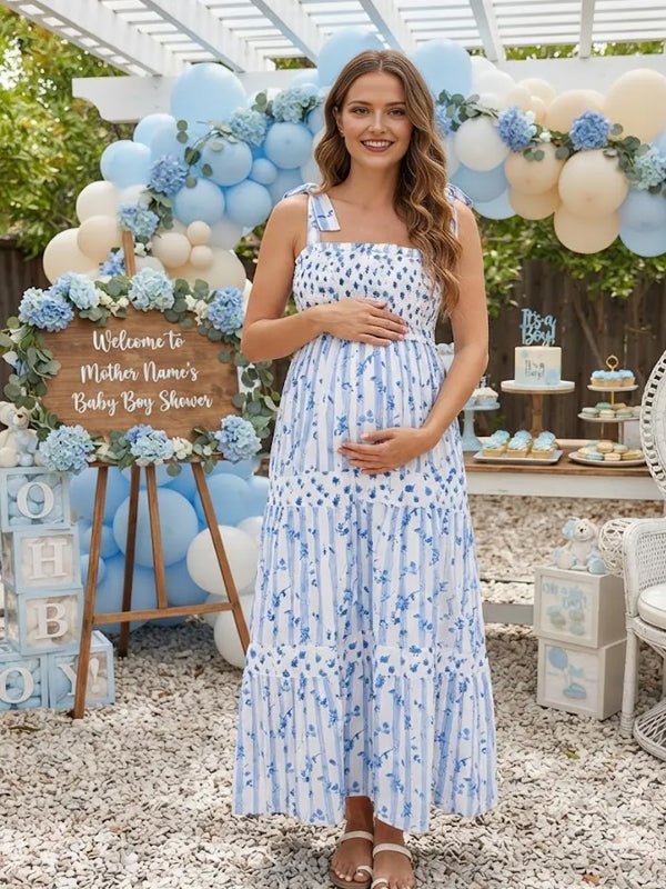 Momyknows Blue Smocked Spaghetti Strap Print Ruched Lace Up Backless Maternity Baby Shower Maxi Dress - Blue - 4