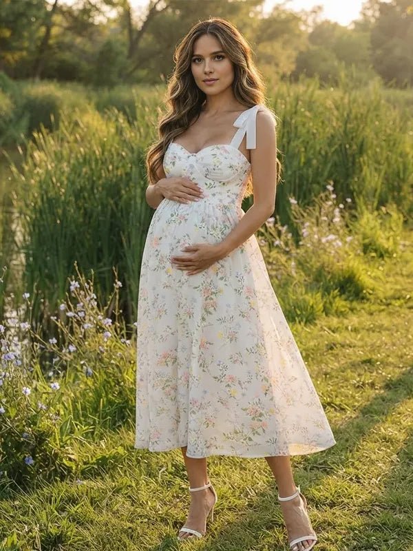 Momyknows White Smocked Spaghetti Strap Print Backless Maternity Photoshoot Midi Dress - White - 1