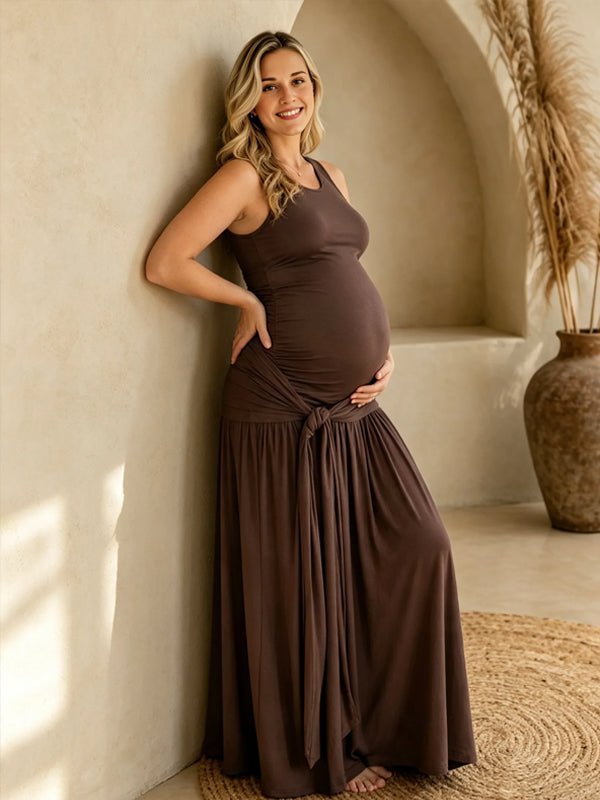 Momyknows Brown Splicing Ribbon Ruffle Knot Photoshoot Maternity Maxi Dress - Brown - 2