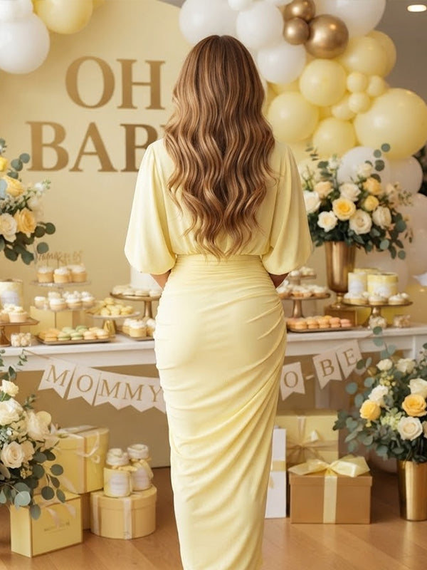 Yellow Maternity Maxi Dress with Ruched Front and Elegant Slit Detail
