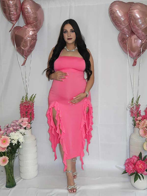 Momyknows Rose Carmine Ruffle Slit Bodycon Fashion Party Photoshoot Babyshower Maternity Midi Dress