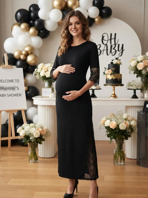 Black Maternity Dress with Lace Details and Side Slit and Elegant Fit, Baby Shower