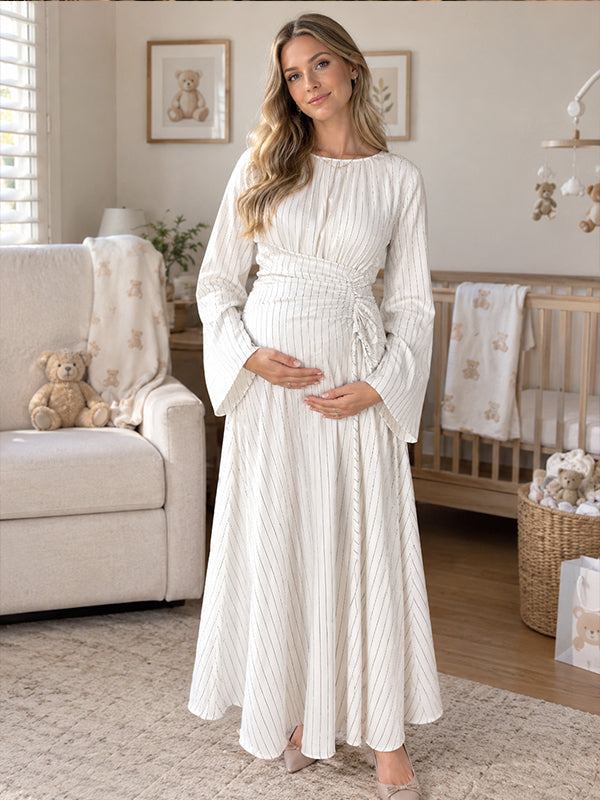 WhiteStriped Maternity Maxi Dress with Smocked Gathering and Flattering Swing Fit