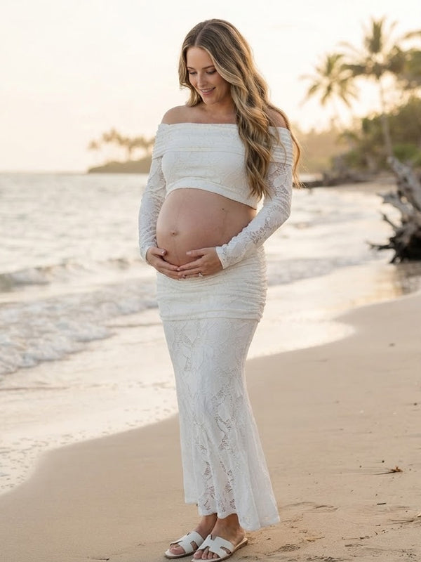 White Lace Maternity Maxi Dress with Off Shoulder Neckline and Bodycon Silhouette, Photoshoot Occasion