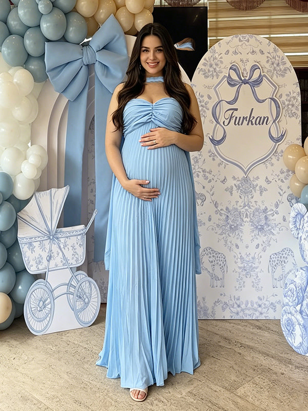 Momyknows Belt Lace Up Maternity Baby Shower Maxi Dress
