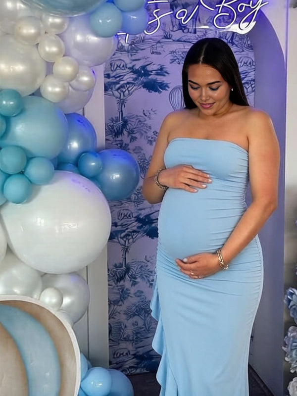 Momyknows Side Slit Ruffle Ruched Bodycon Maternity Baby Shower Midi Dress