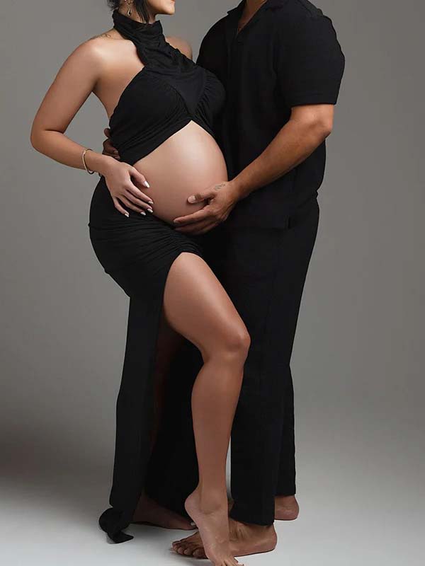 Momyknows Side Slit Halter Neck Two Piece Maternity Photoshoot Maxi Dress