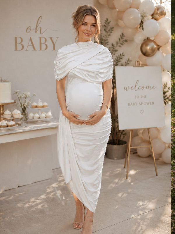 Momyknows White High Waisted Ruched Open Back Splicing Baby Shower Maxi Dress