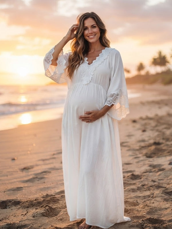 White Lace Maternity Maxi Dress with Deep V Neckline and Elegant Spliced Detail