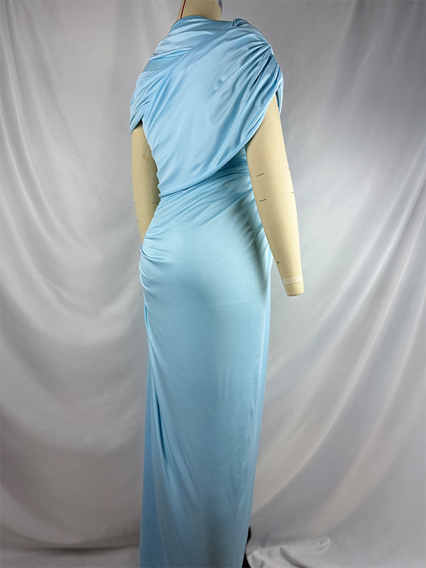 Light Blue Ruched Irregular Neck Baby Shower Maternity Maxi Dress Light Blue / S Light Blue Ruched Irregular Neck Baby Shower Maternity Maxi Dress Light Blue / S