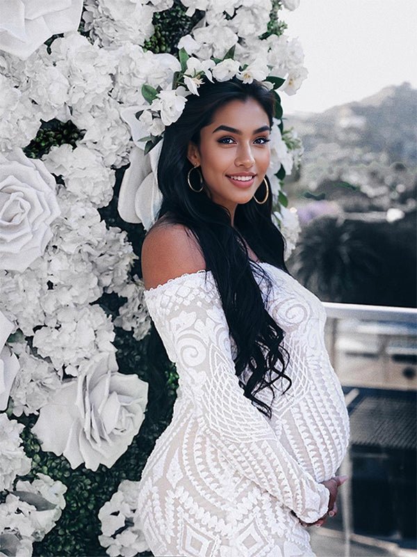 Momyknows White Lace Off Shoulder Mermaid Bodycon Wedding Gown Baby Shower Elegant Foamal Maternity Photoshoot Maxi Dress, White / XL