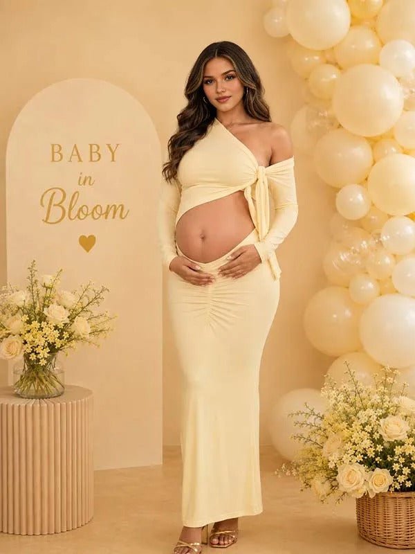 Momyknows Yellow Ruffle Lace-up Irregular Midriff Maternity Baby Shower Maxi Dress - Yellow - 2