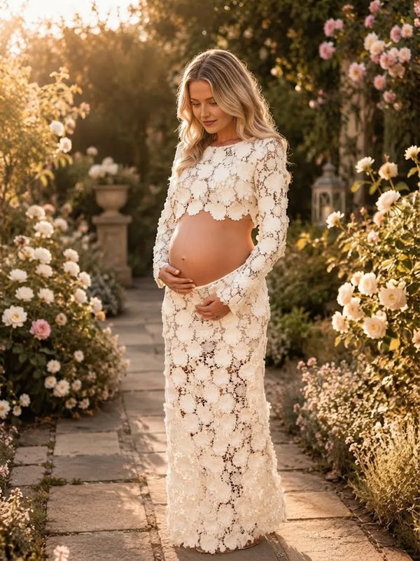 White Lace Up Maternity Maxi Dress with Flower Detail and Backless Design and Flattering Silhouette