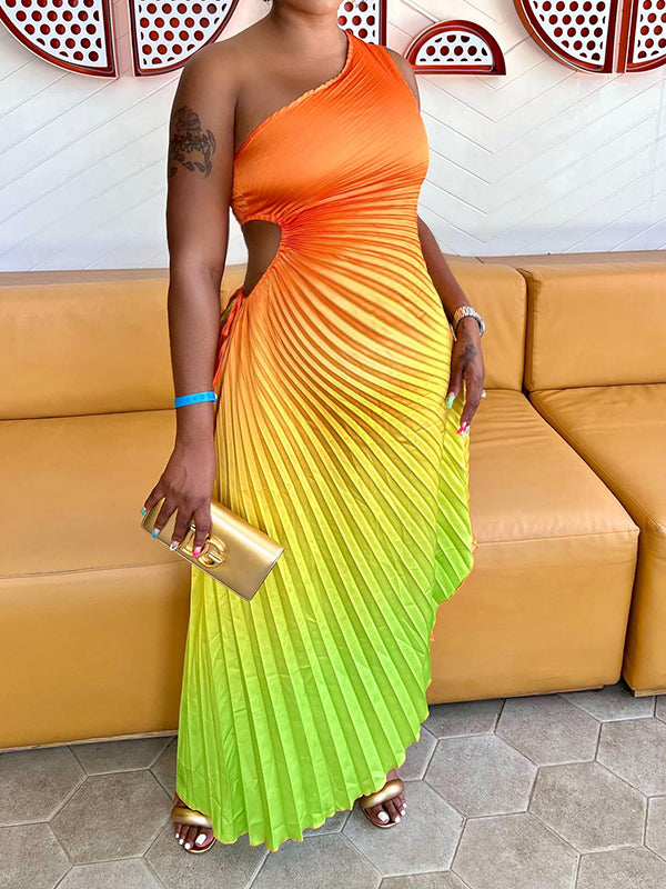 Momyknows Elegant Orange Gradient Color Pleated Cutout Bare Waist Irregular Oblique Shoulder Party Babyshower Maternity Maxi Dress