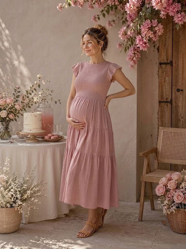 Momyknows Elegant Pink Falbala Shirring Ruched Maternity Baby Shower Maxi Dress - Pink - 3