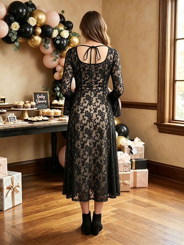Black A-Line Maternity Midi Dress with Elegant Lace Details and Flared Sleeves