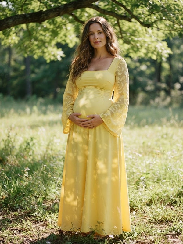 Yellow Ruffle Lace Maternity Maxi Dress with Square Neck and Slit Sleeves