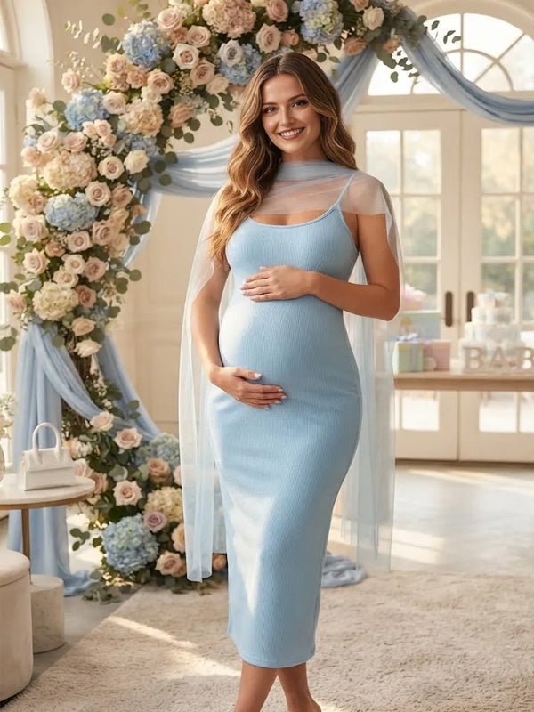 Momyknows Blue Spaghetti Strap Ribbon Bodycon Scarf Maternity Baby Shower Maxi Dress - Blue - 1