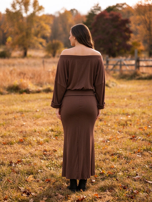 Brown crochet maternity maxi dress with off-the-shoulder and open-back details