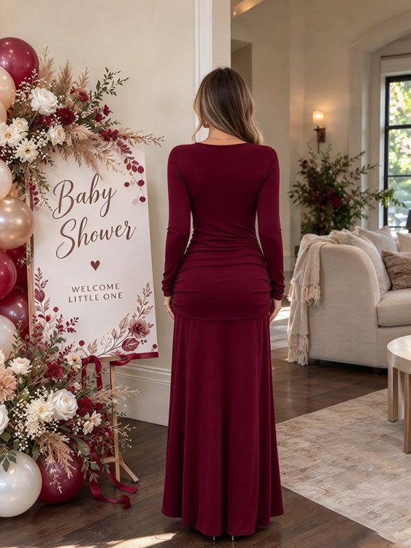 Red Lace Maternity Maxi Dress with Ruched Details and Lace Up Design