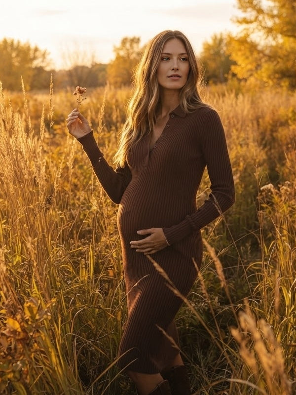 Brown Crochet Maternity Midi Dress with Elegant Button Detail and Turndown Collar