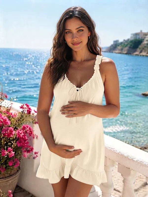 Momyknows Ruched Deep V Lace-Up A-line Plus Size Splicing Maternity Photoshoot Mini Dress - White - 3