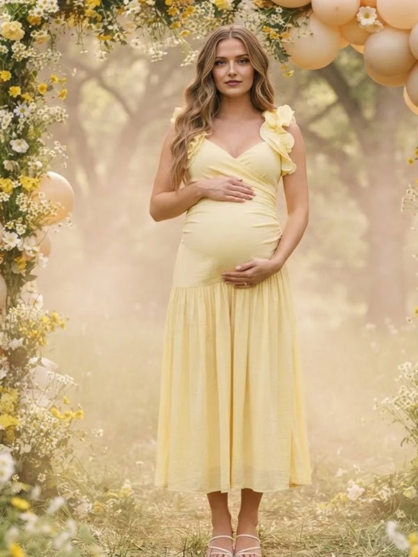 Momyknows Ruffle Ruched Print Backless Maternity Baby Shower Midi Dress - Yellow - 2