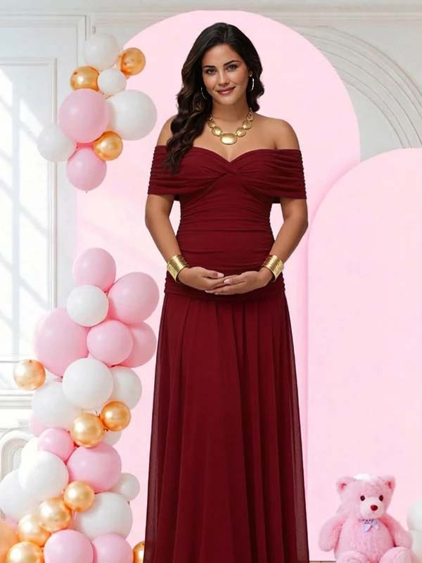 Momyknows Chic Dark Blue Grenadine Ruched Off Shoulder Flowy Baby Shower Maternity Maxi Dress - Red - 4