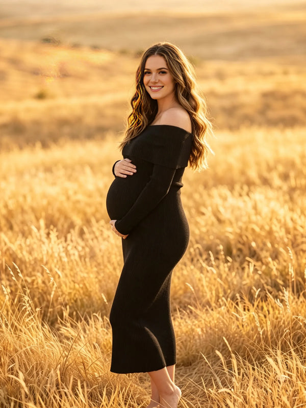 Black Knitted Maternity Dress with Off-the-Shoulder Design and Comfortable Fit