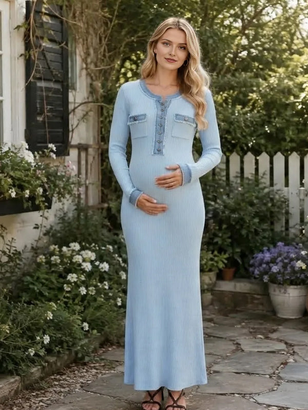 Blue Crochet Maternity Maxi Dress with Colorblock Spliced Design and Button Detail and Flattering Silhouette