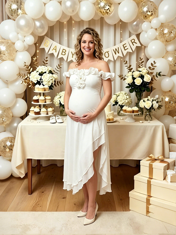 Momyknows Off Shoulder Falbala Side Slit Solid Color  Maternity Baby Shower Maxi Dress