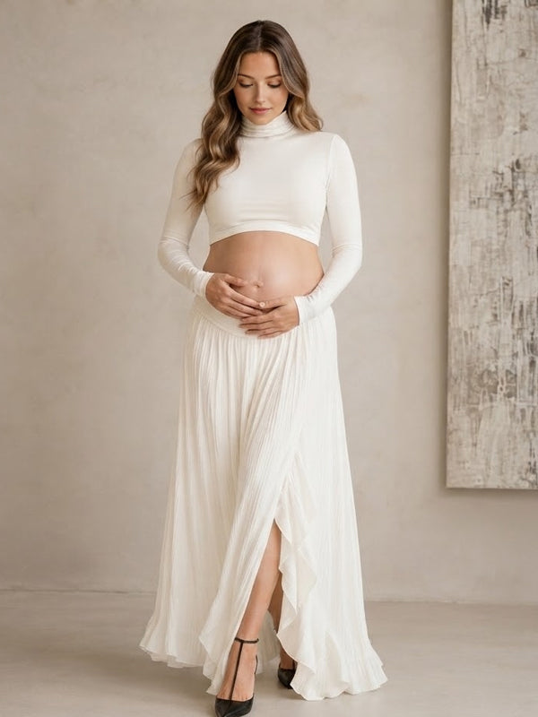 White Two Piece Maternity Maxi Dress with Side Slit Design and Flattering Silhouette