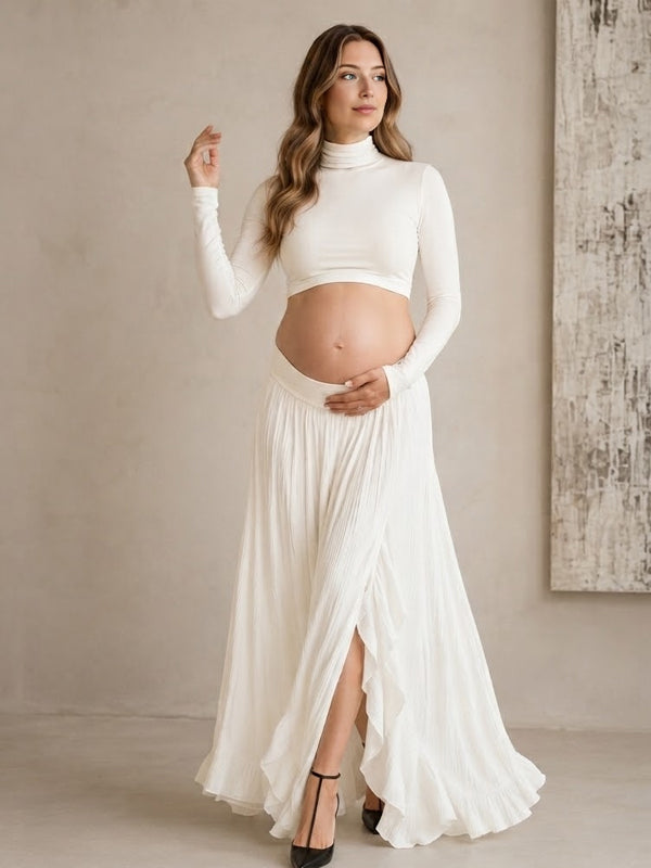 White Maternity Maxi Dress with Two Piece Style and Side Slit Detail