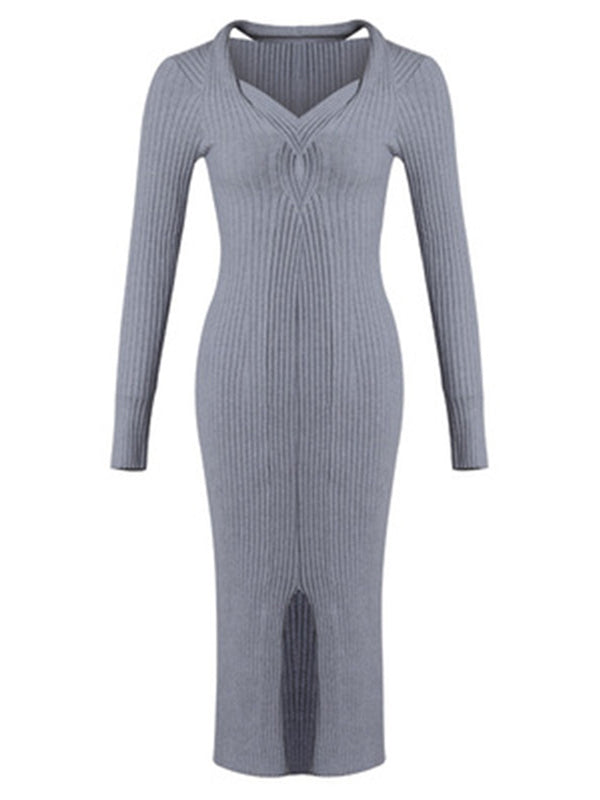 Momyknows Grey Off Shoulder Knitting Slit Baby Shower Bodycon Maternity Sweater Dress