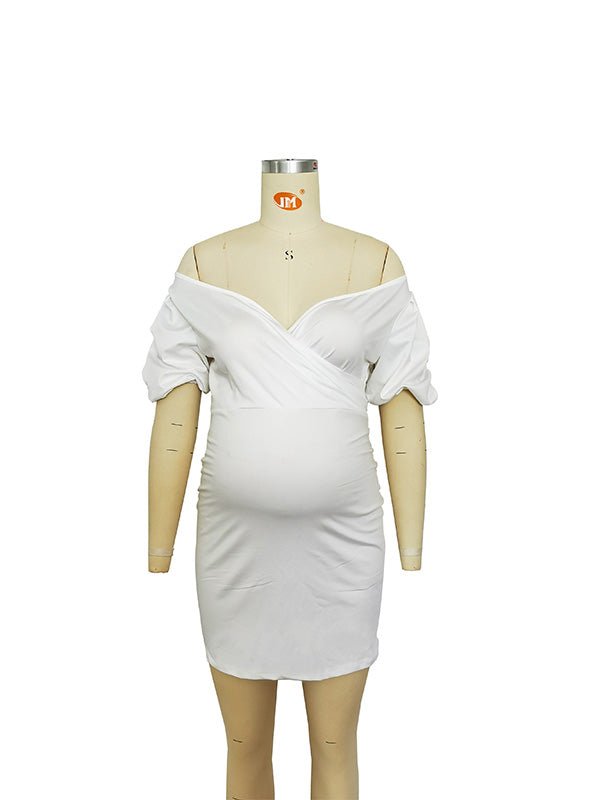 Momyknows Off Shoulder Backless V-Neck Lantern Sleeve Bodycon Party Baby Shower Maternity Mini Dress, White / S