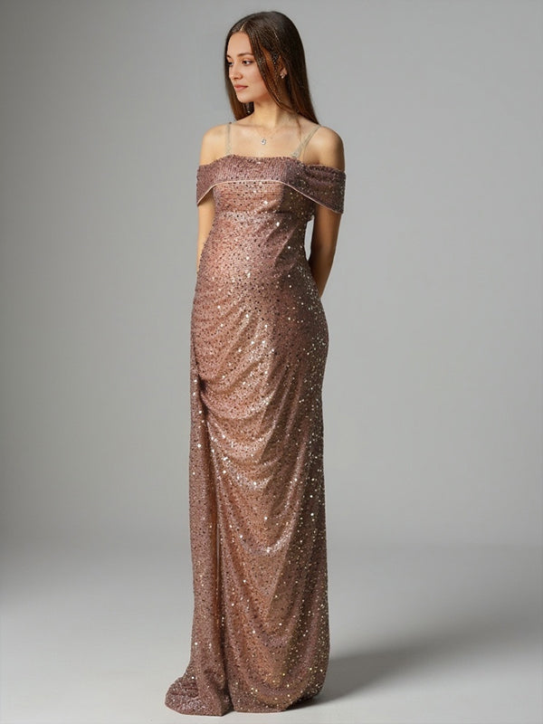 Momyknows Sparkly Sequin Off Shoulder Side Slit Draped Evening Gown Maternity Photoshoot Elegant Baby Shower Party Maxi Dress Reddish Brown / S Momyknows Sparkly Sequin Off Shoulder Side Slit Draped Evening Gown Maternity Photoshoot Elegant Baby Shower Party Maxi Dress Reddish Brown / S